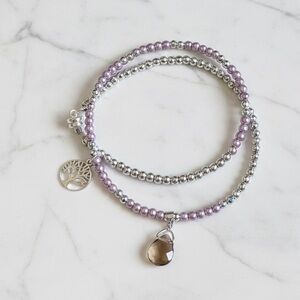 Dainty Silver Hematite, Faux Pearl Wire Wrap Bracelet w/ Sterling Silver Tree